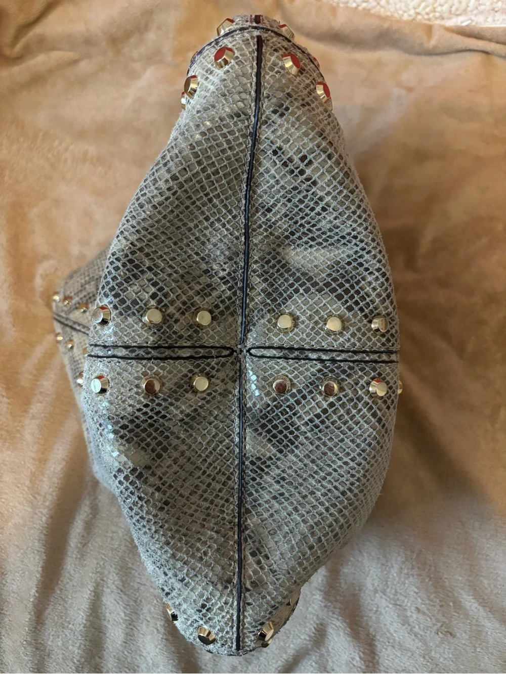 Michael Kors Gray Snake-Print Shoulder Bag with Gold Studs and Orange MK Charm